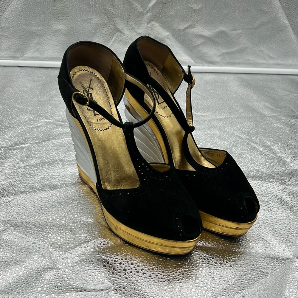 YSL Size 39 Suede peekaboo toe Wedge Shoe